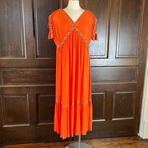 Soft Surroundings M Orange V-Neck Maxi Dress w/ Slip Beaded Tassel Sleeves NWOT